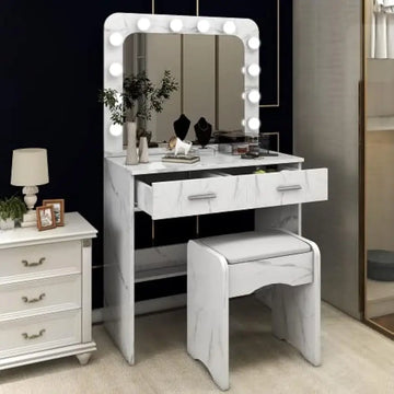 Elegant Makeup Vanity Set with Mirror, Lights & Stool. (Marble Finish)